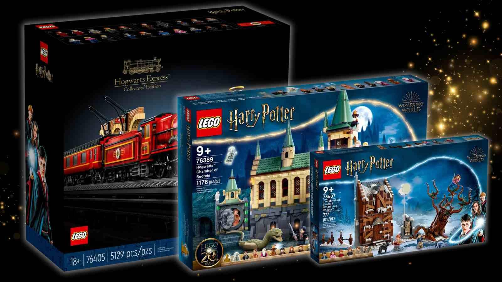 Three of the retiring LEGO Harry Potter sets on a black background with "magic" graphic