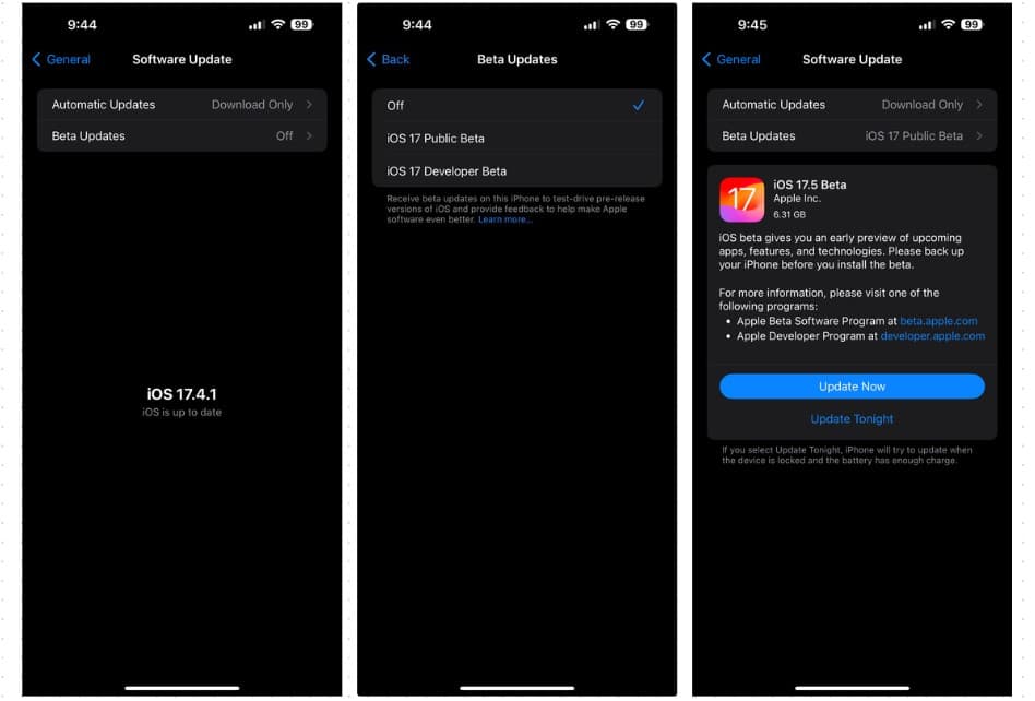Screenshots showing steps to isntall iOS 17.5 on iPhones