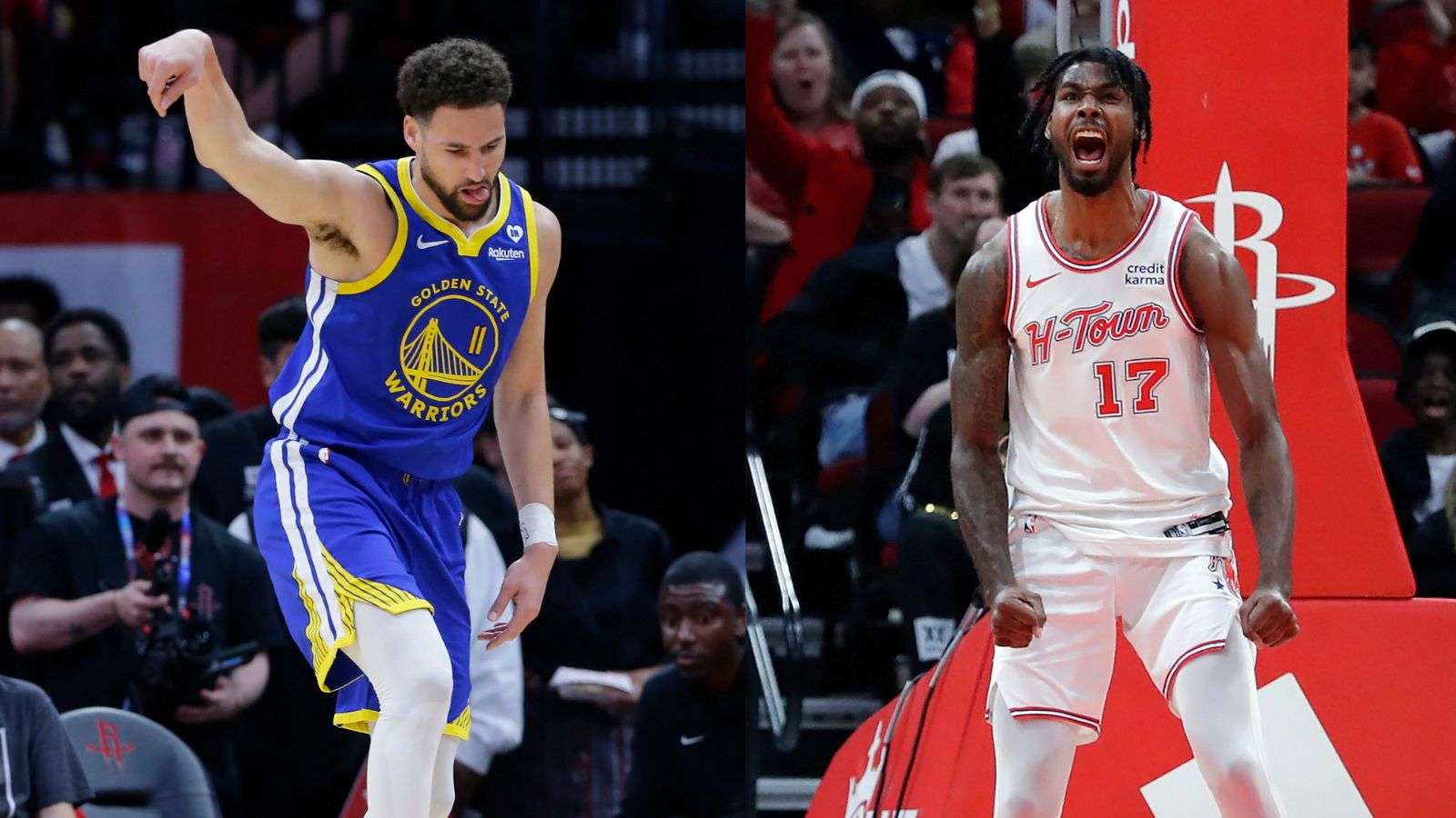Klay Thompson as a member of the Golden State Warriors (left) and Tari Eason as a member of the Houston Rockets (right).