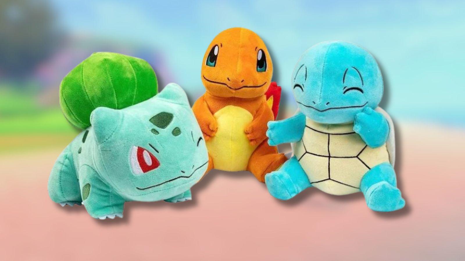 Pokemon trio of plushes with game background.