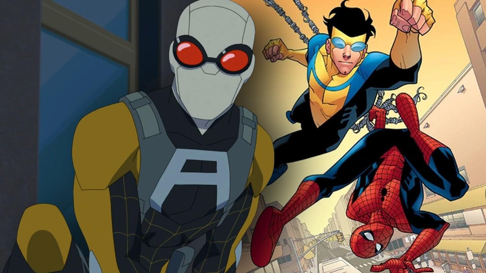 Josh Keaton's Agent Spider in the Invincible Season 2 finale and an image of Invincible and Spider-Man in the comics
