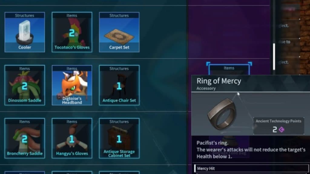 A screenshot of the Ring of Mercy from the Technology menu in Palworld.