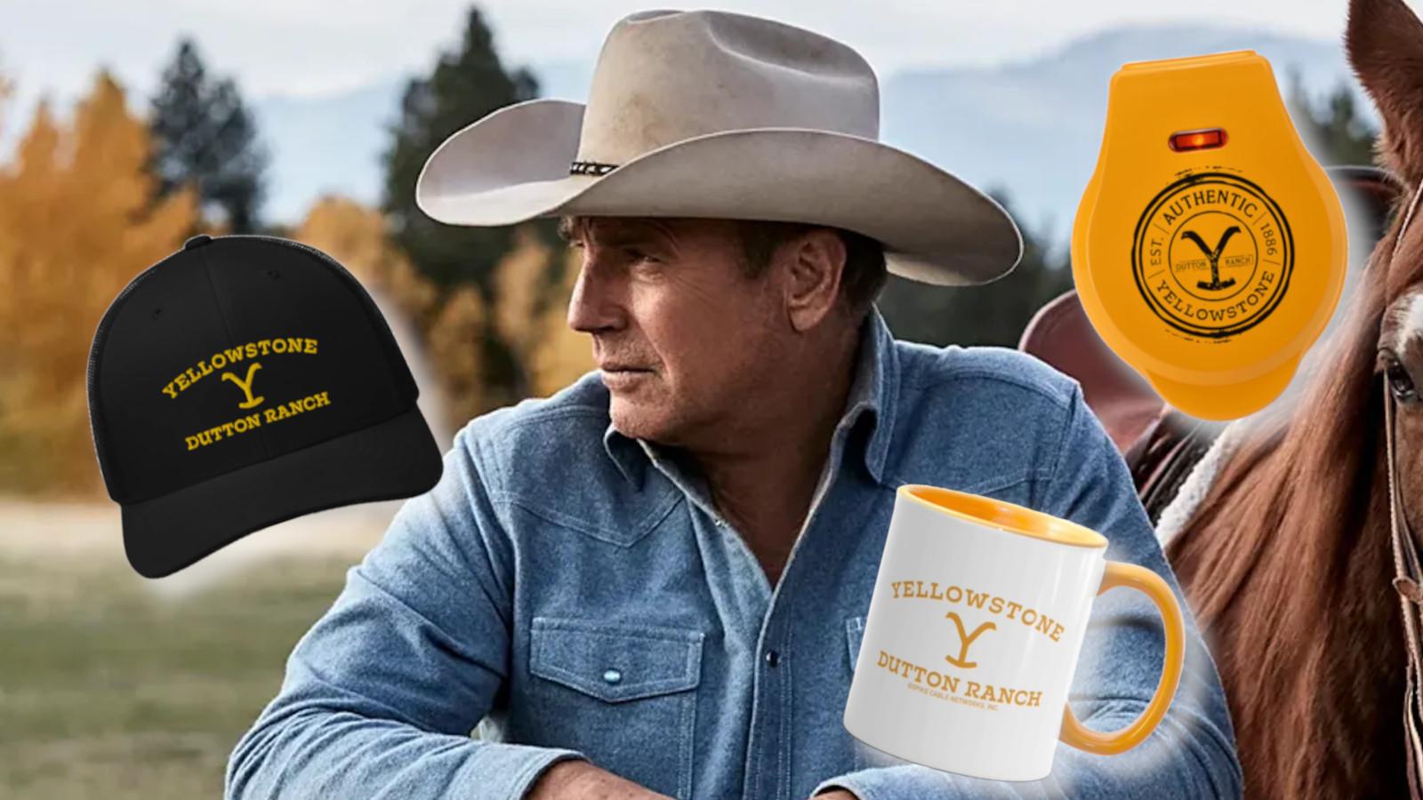 Kevin Costner as John Dutton on Yellowstone, with items from the Yellowstone store around him