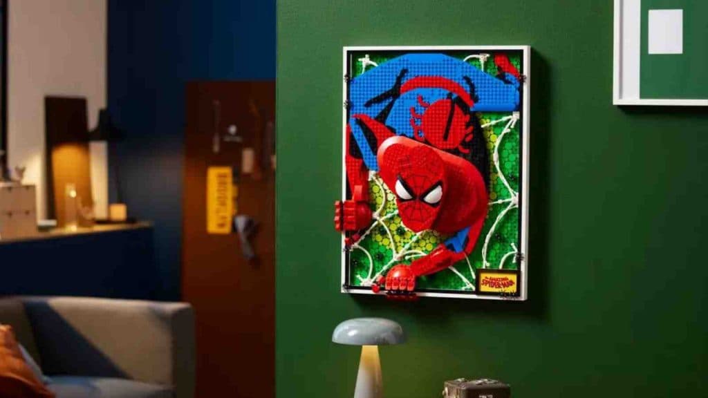 The LEGO Art The Amazing Spider-Man on display against a wall