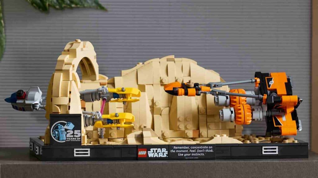 The LEGO Star Wars Mos Espa Podrace Diorama on display