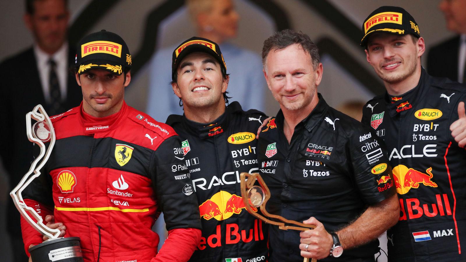 Carlos Sainz, Sergio Perez, Christian Horner and Max Verstappen