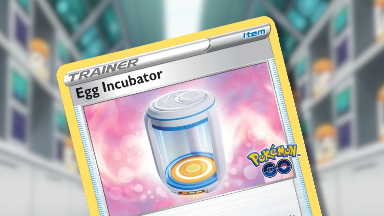 Egg Incubator Pokemon card with Pokemon anime background.