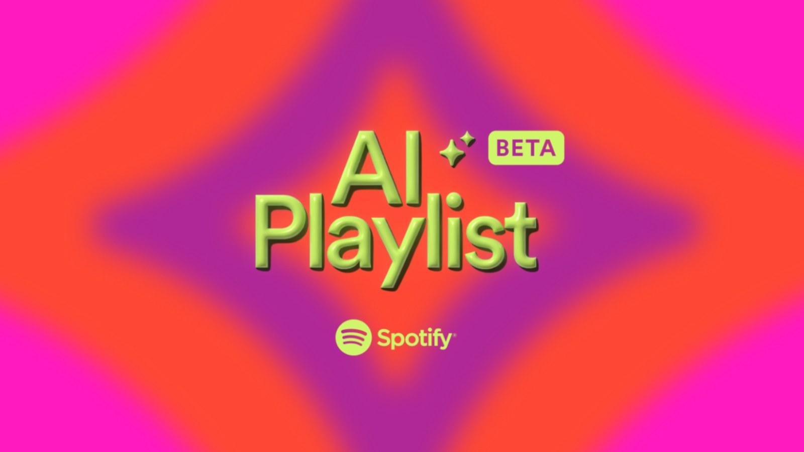 Spotify AI playlist beta in green with colorful pink and orange lettering