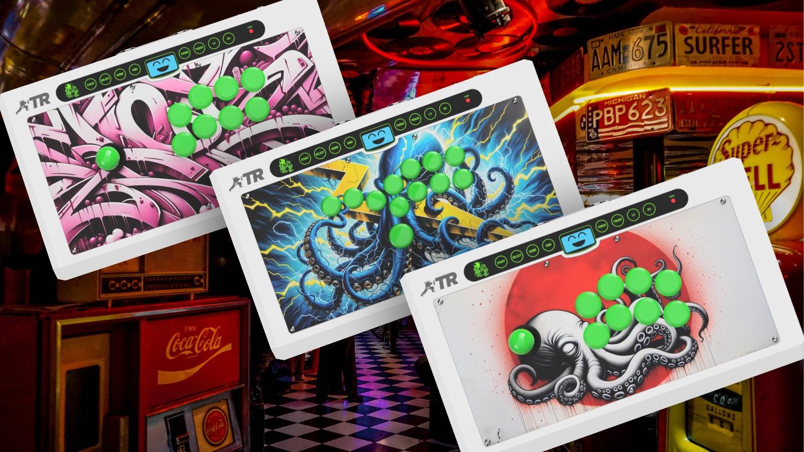 TR Octopus arcade stick in Viewlix, Noir and Hitbox layouts on arcade background