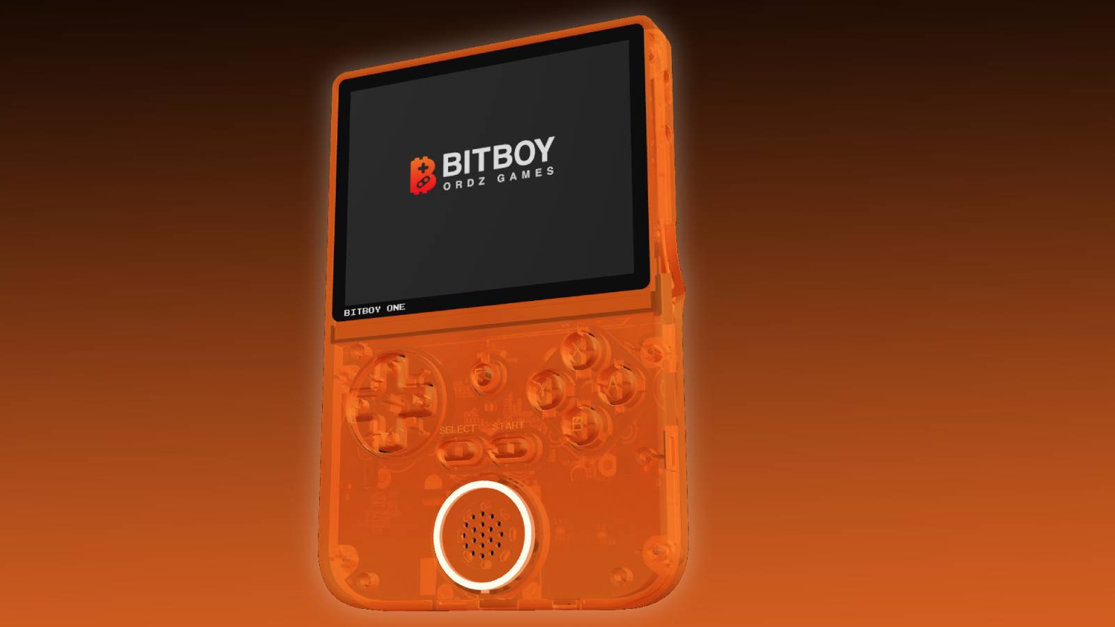Image of the orange translucent 'BitBoy' handheld.