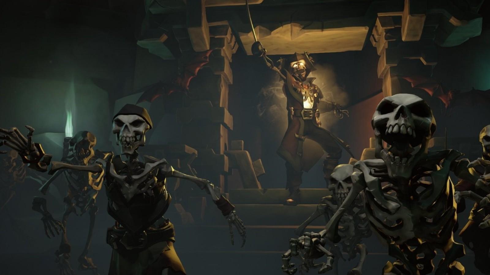 An image of Sea of Thieves key art featuring skeletons.