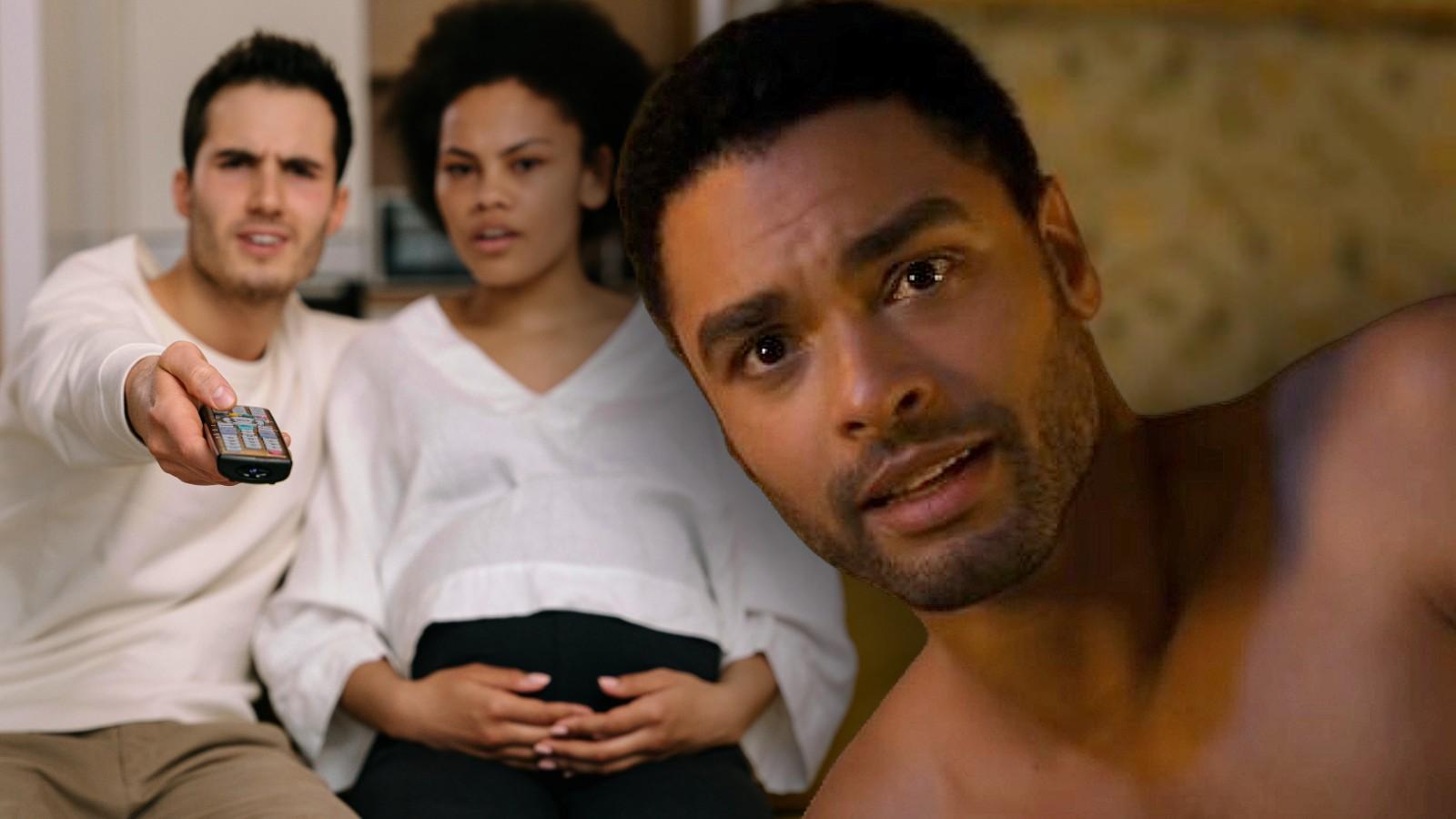 Regé-Jean Page in a Bridgerton sex scene and two people watching Netflix