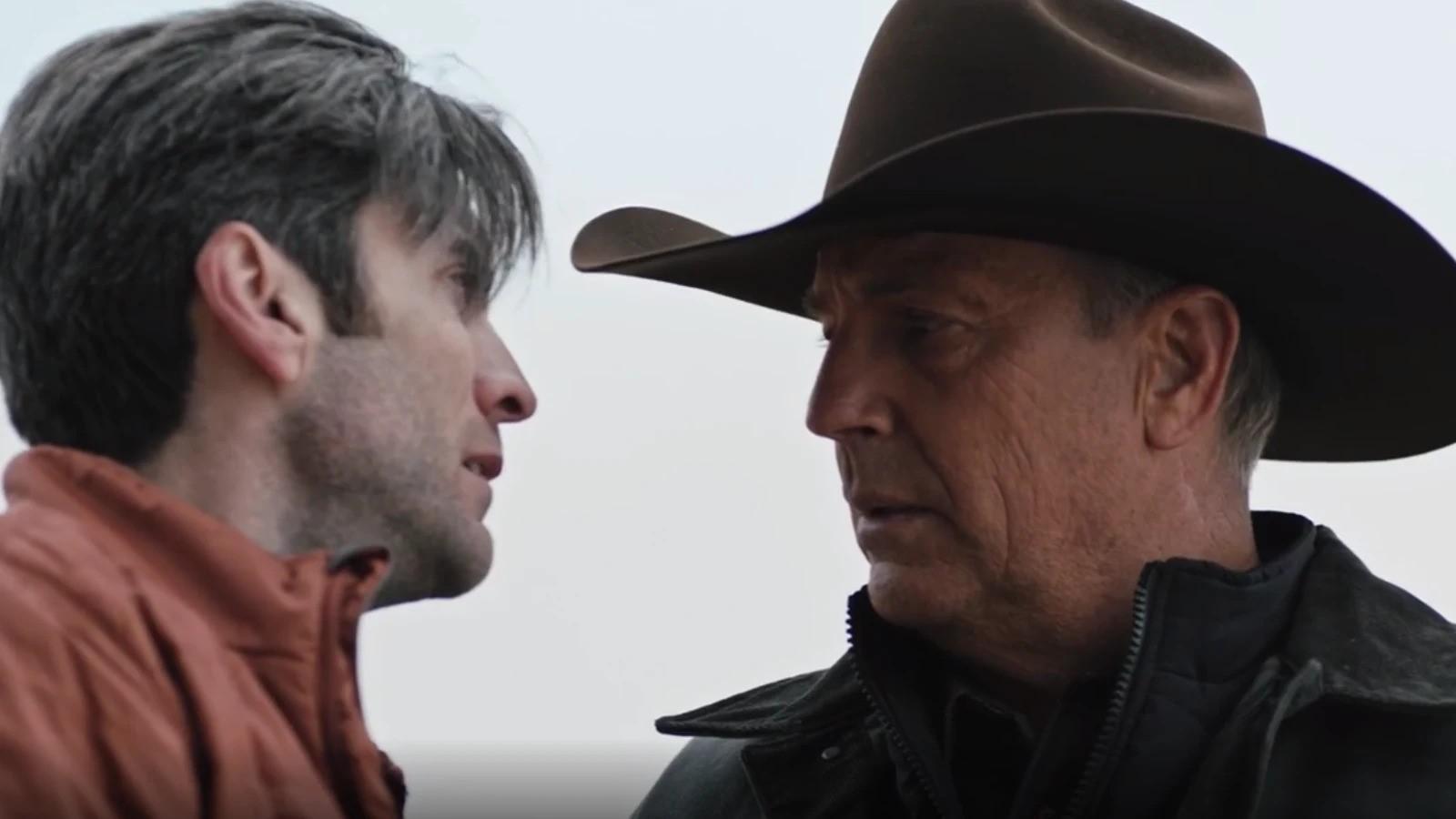 Wes Bentley and Kevin Costner as Jamie and John Dutton in Yellowstone, staring at each other