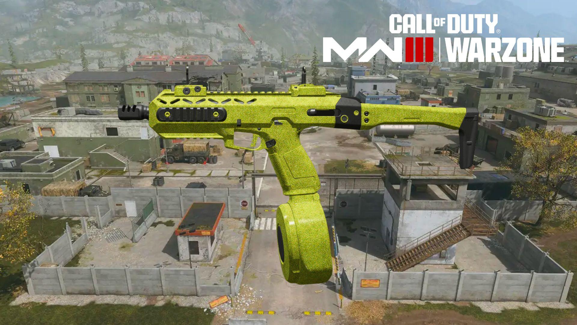Green COR-45 pistol with barrel attachment on Warzone map