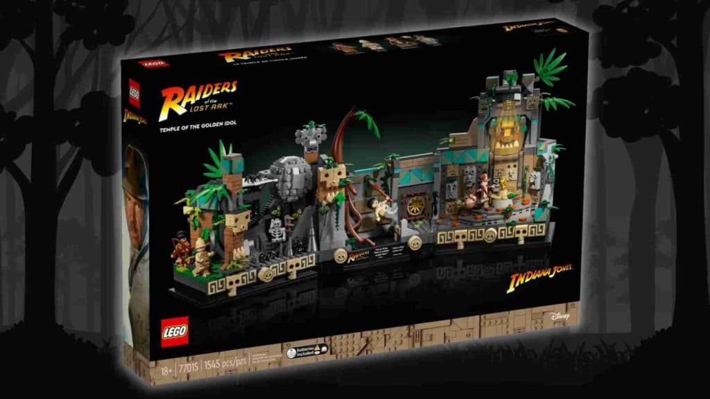 The LEGO Indiana Jones Temple of the Golden Idol on a forest background