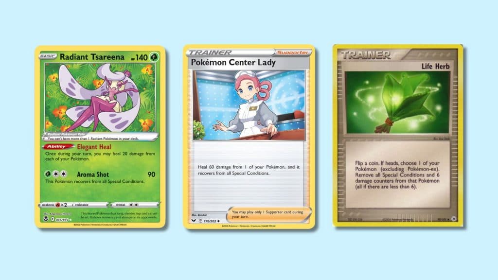 Radiant Tsareena (016/195), Pokemon Center Lady (176/202), and Life Herb (90/101).