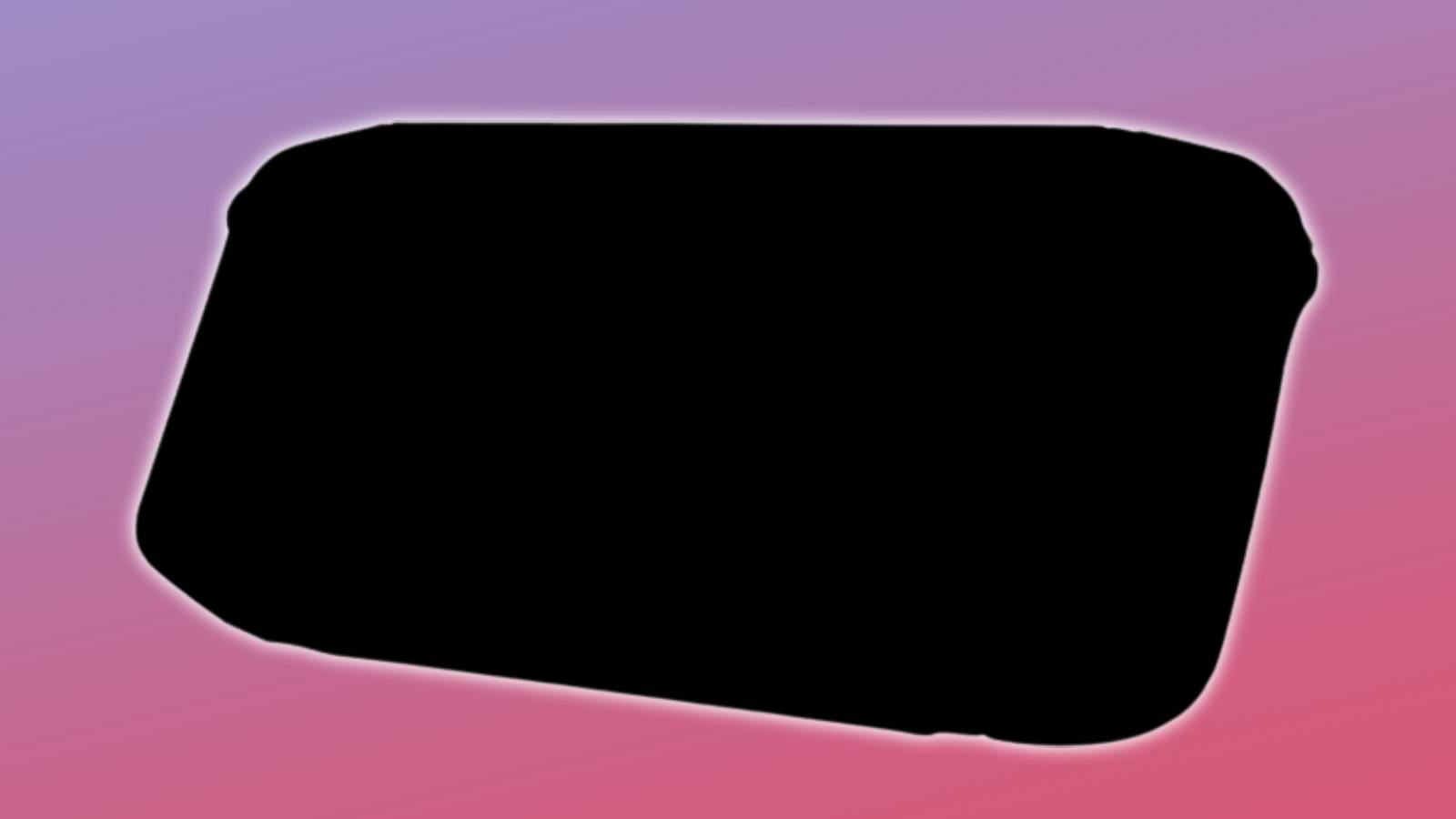 Image of the silhouette of a Lenovo Legion Go handheld, with a pink and purple background behind it.