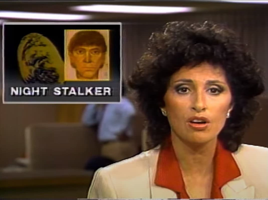 A screenshot from the MaXXXine trailer: a news anchor shows a police sketch of The Night Stalker.