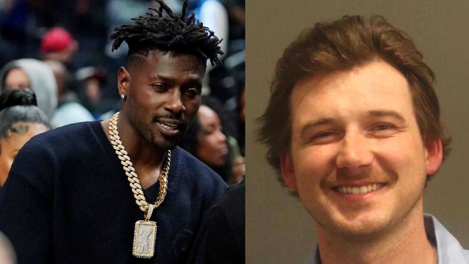 Antonio Brown (left), and Morgan Wallen posing for a mugshot after being arrested by the Metro Nashville Police Department (right).