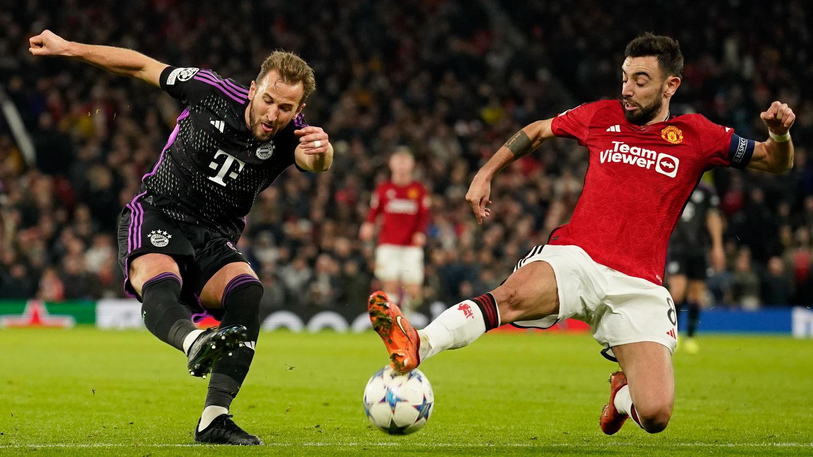 Bruno Fernandes blocks a shot from Harry Kane during Manchester United's Champions League clash with Bayern Munich