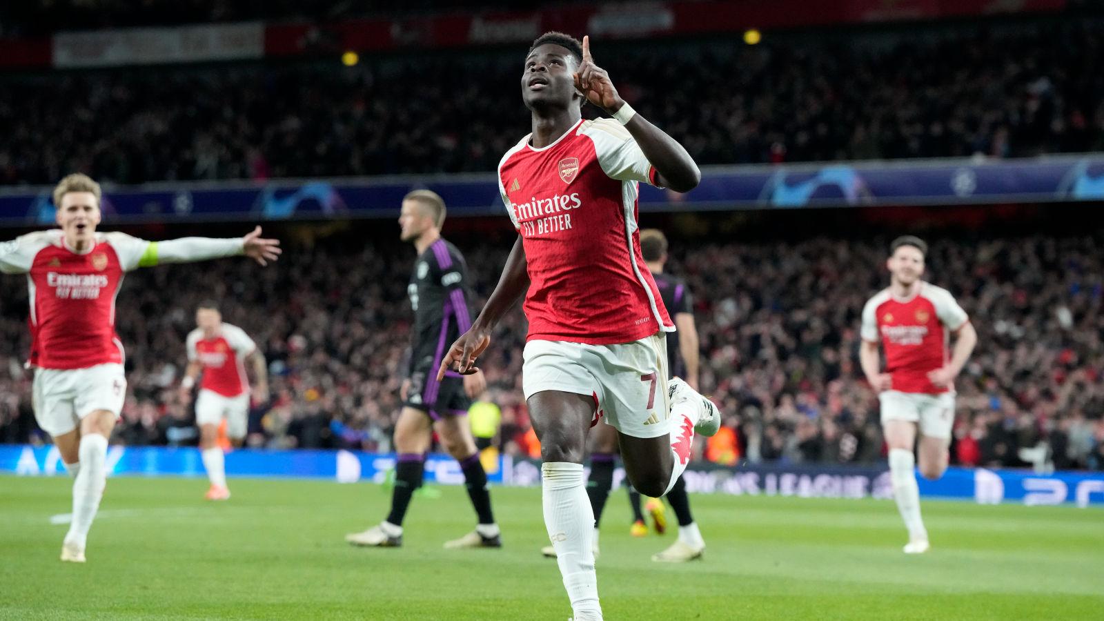 Bukayo Saka celebrates for Arsenal in their Champions League quarter-final vs Bayern Munich