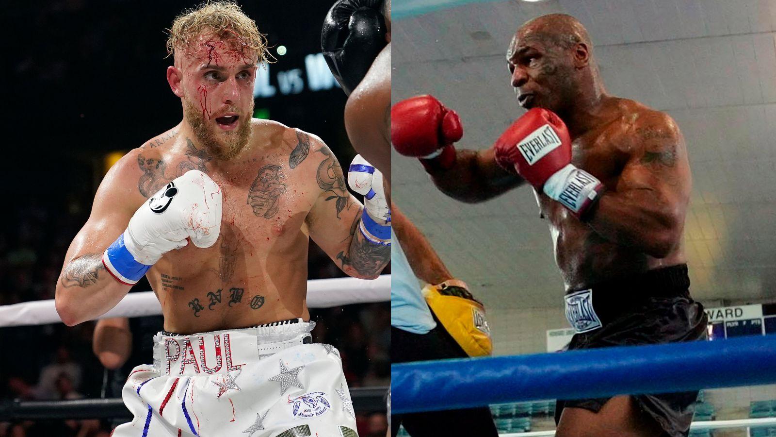 Jake Paul (left), and Mike Tyson (right) both in the boxing ring on separate occasions.