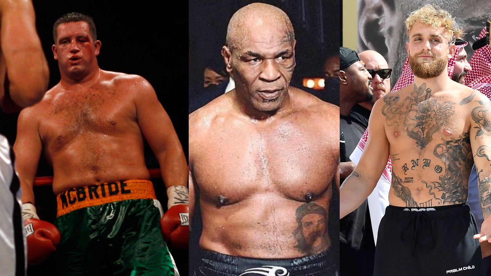 Kevin McBride in the boxing ring (left) and Mike Tyson before his fight with Roy Jones Jr. in 2020 (center) and Jake Paul at a boxing event (right).