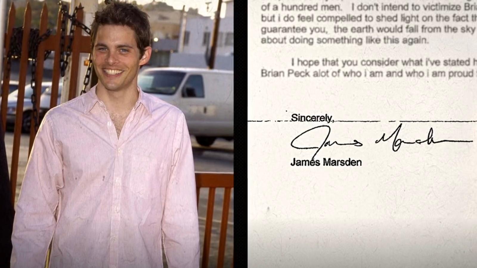Photo of James Marsden and letter of support for Brian Peck, as shown in Quiet on Set