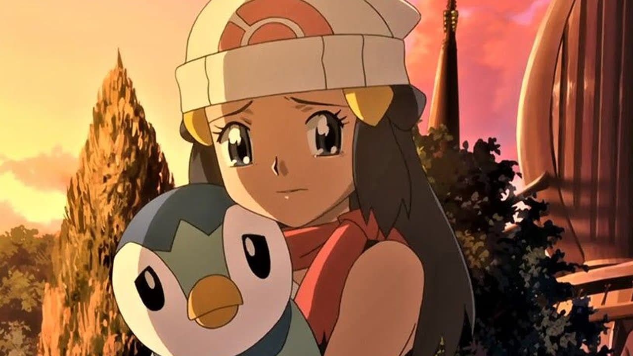 A screenshot from the Pokemon anime shows the trainer Dawn and her Piplup looking upset