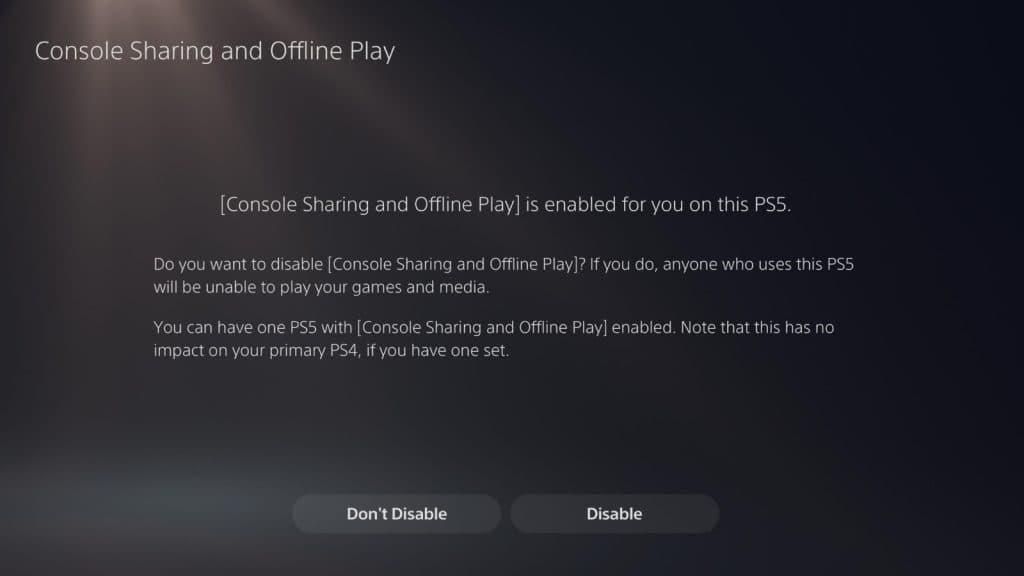 Screenshot of the text prompt that appears on the PS5 when wanting to disable game sharing.