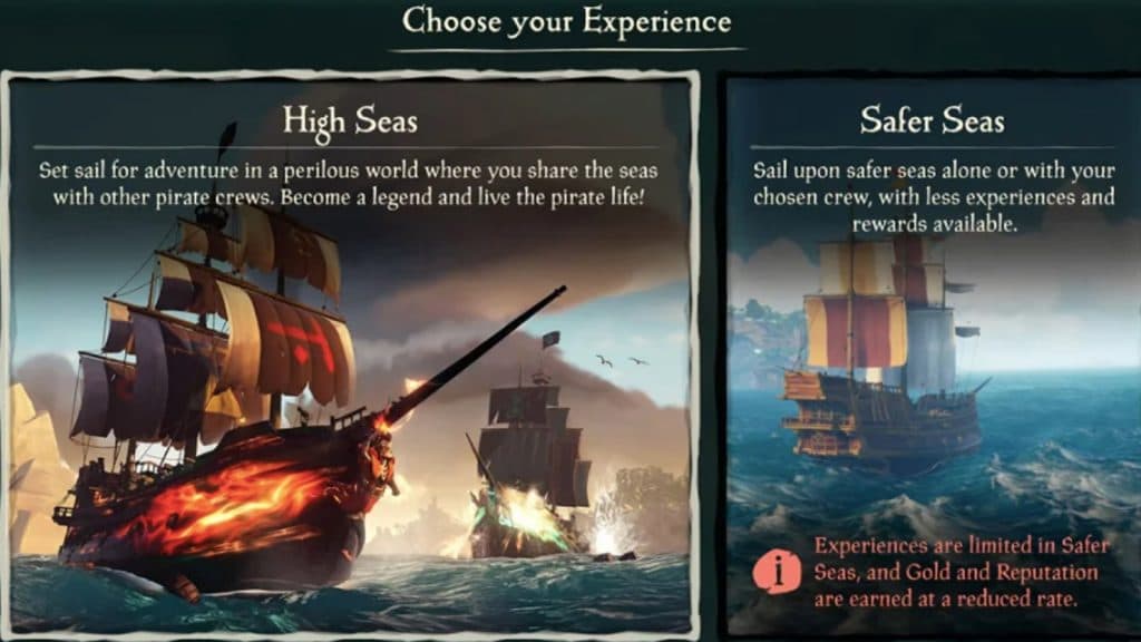 An image of Safer Seas mode in the Sea of Thieves menu.