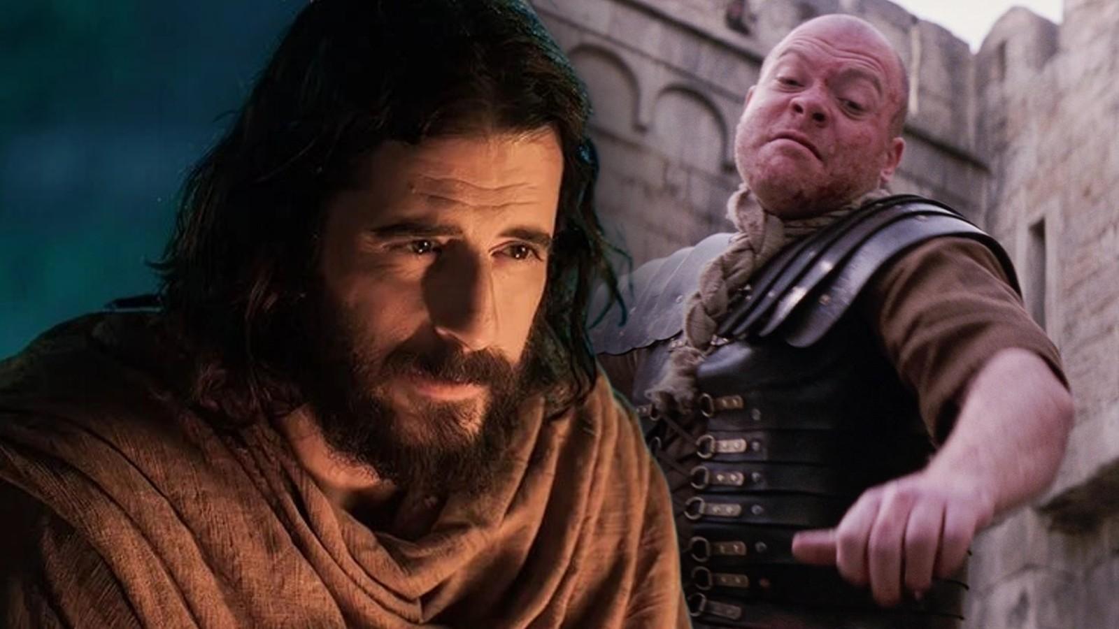 Jonathan Roumie in The Chosen and a Roman soldier in The Passion of the Christ