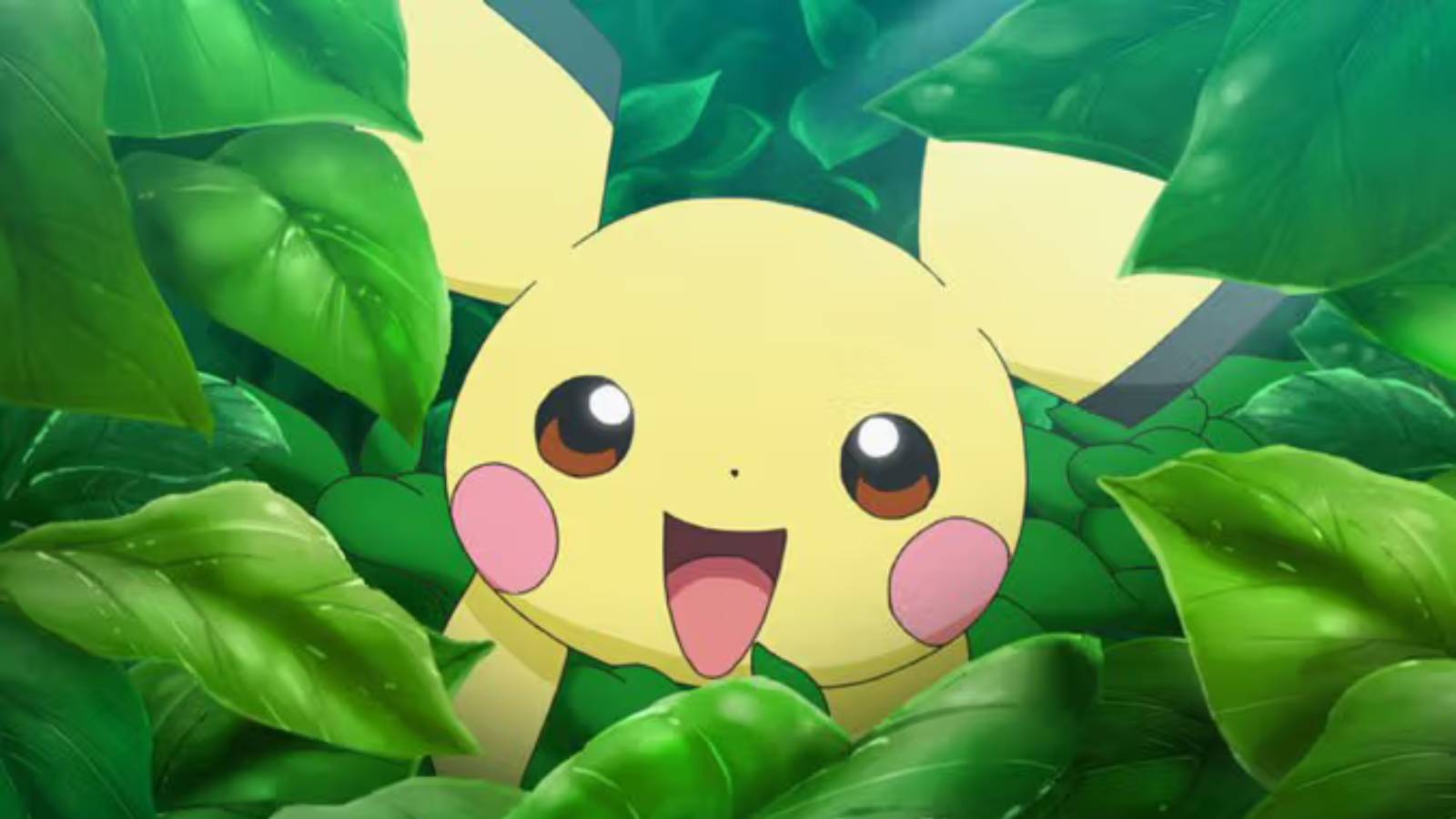 The Pokemon Pichu peers through a bush