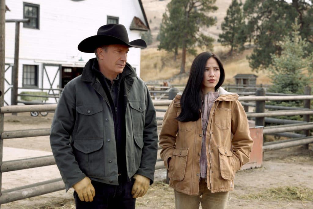 Kevin Costner and Kelsey Asbille as John Dutton and Monica Long in Yellowstone
