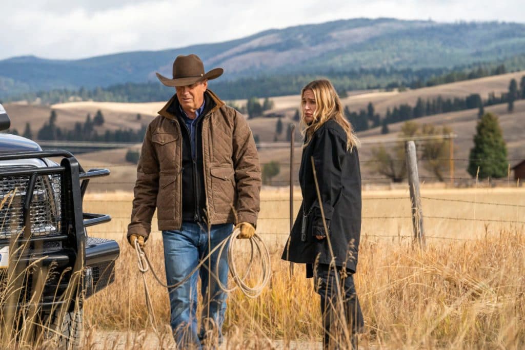 Kevin Costner and Piper Perabo as John Dutton and Summer Higgins in Yellowstone