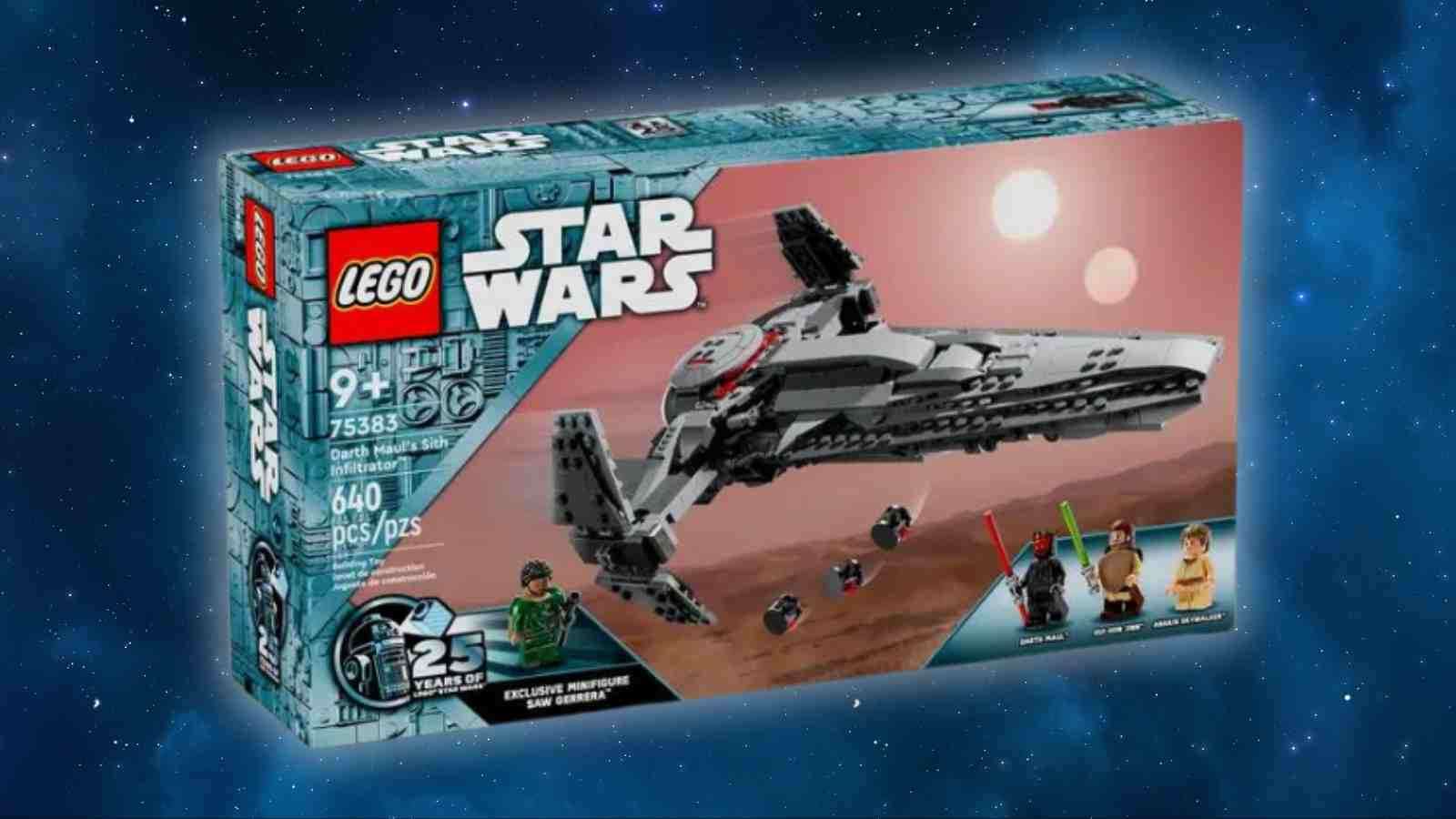 The LEGO-reimagined Darth Maul’s Sith Infiltrator on a galaxy background