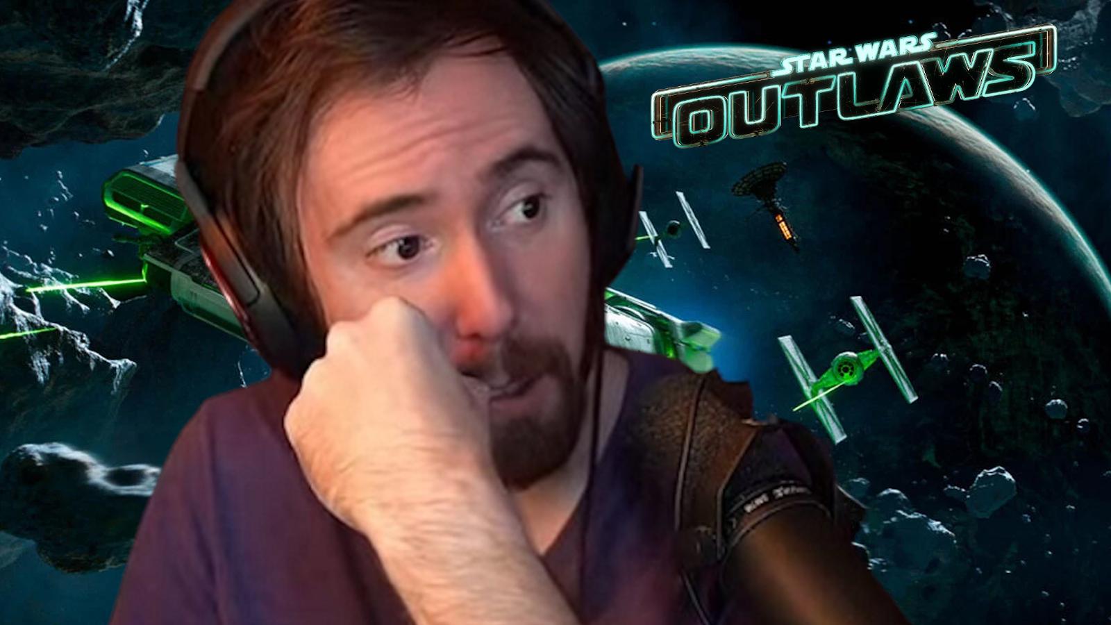 asmongold in front of star wars outlaws space battle