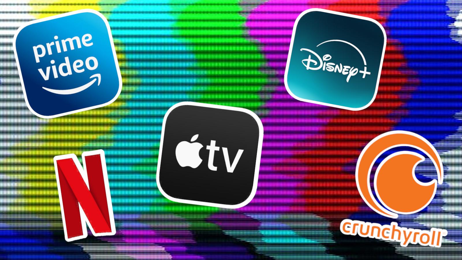 Logos for Prime Video, Netflix, Apple TV+, Disney+ and Crunchyroll