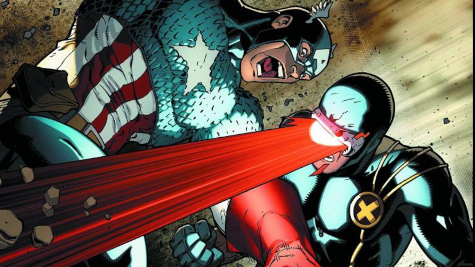 Captain America fighting Cyclops