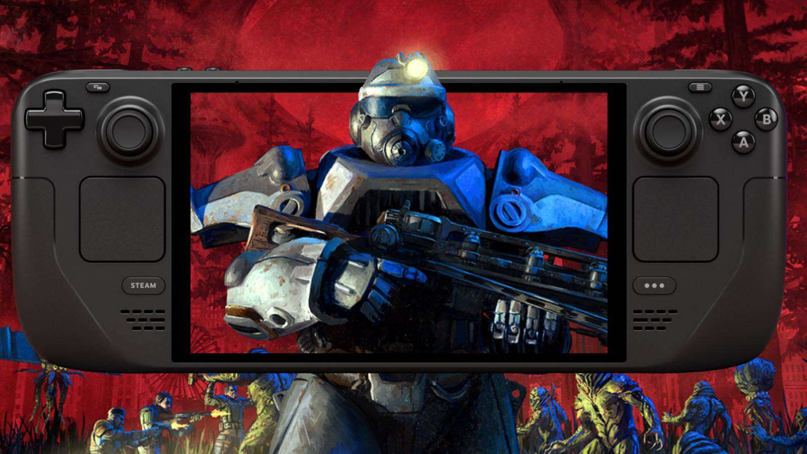 Key-art from Fallout 76 on the screen of a Steam Deck.