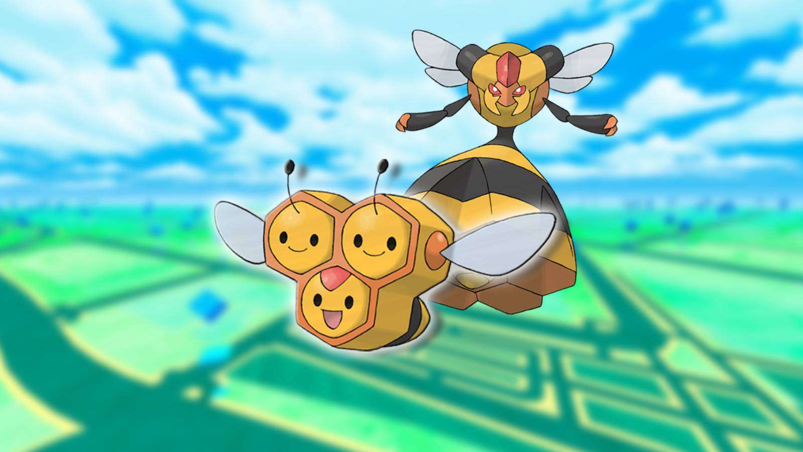 The Pokemon Combee and Vespiqueen appear beside each other against a blurred background