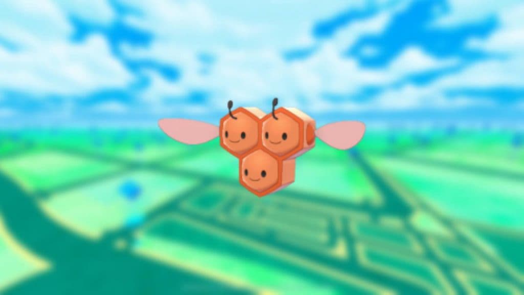 The Pokemon Combee appears against a blurred background