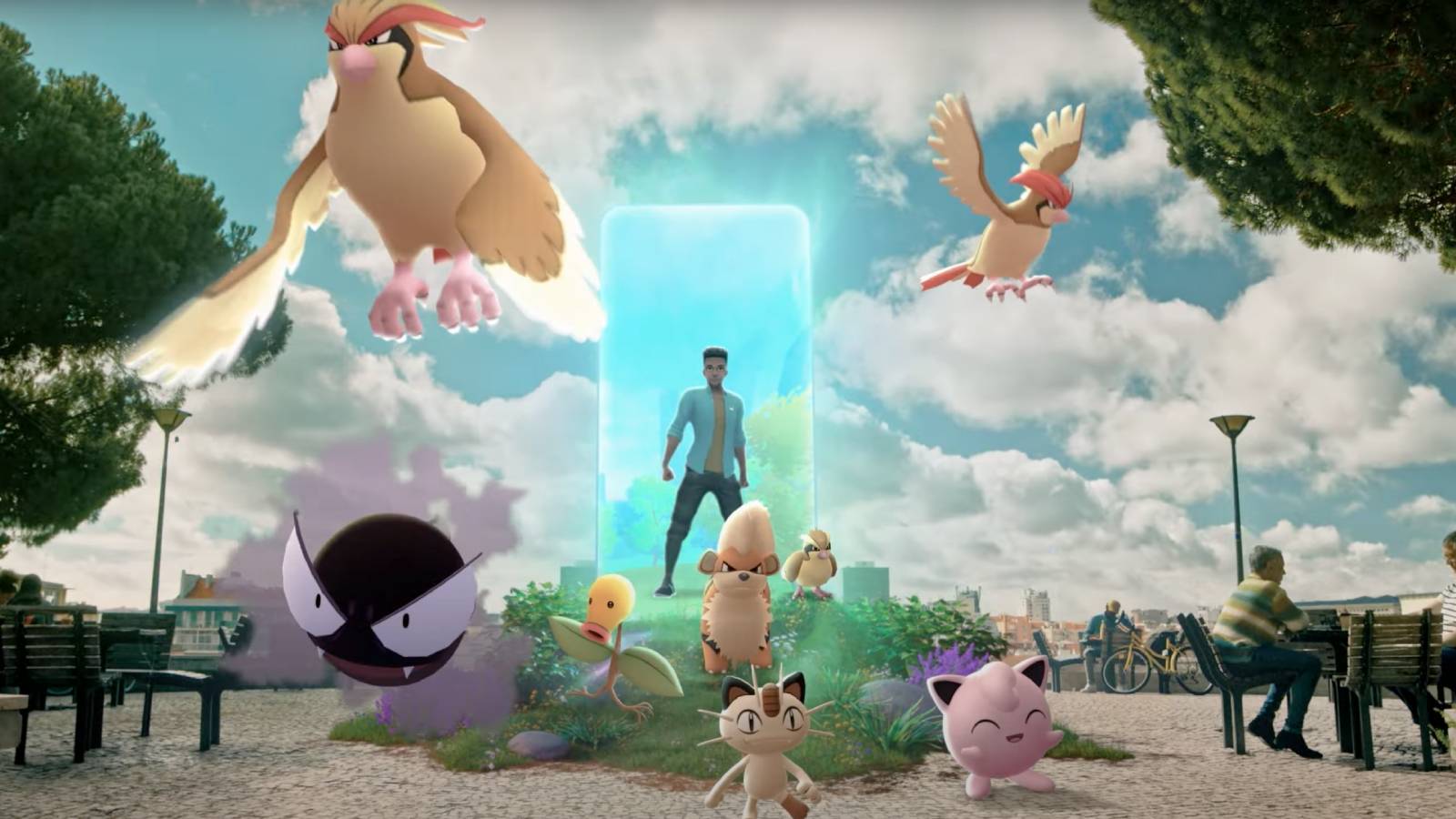 A screenshot from a Niantic video shows a Pokemon Go trainer walking through a door-shaped portal, several Pokemon are moving alongside the trainer