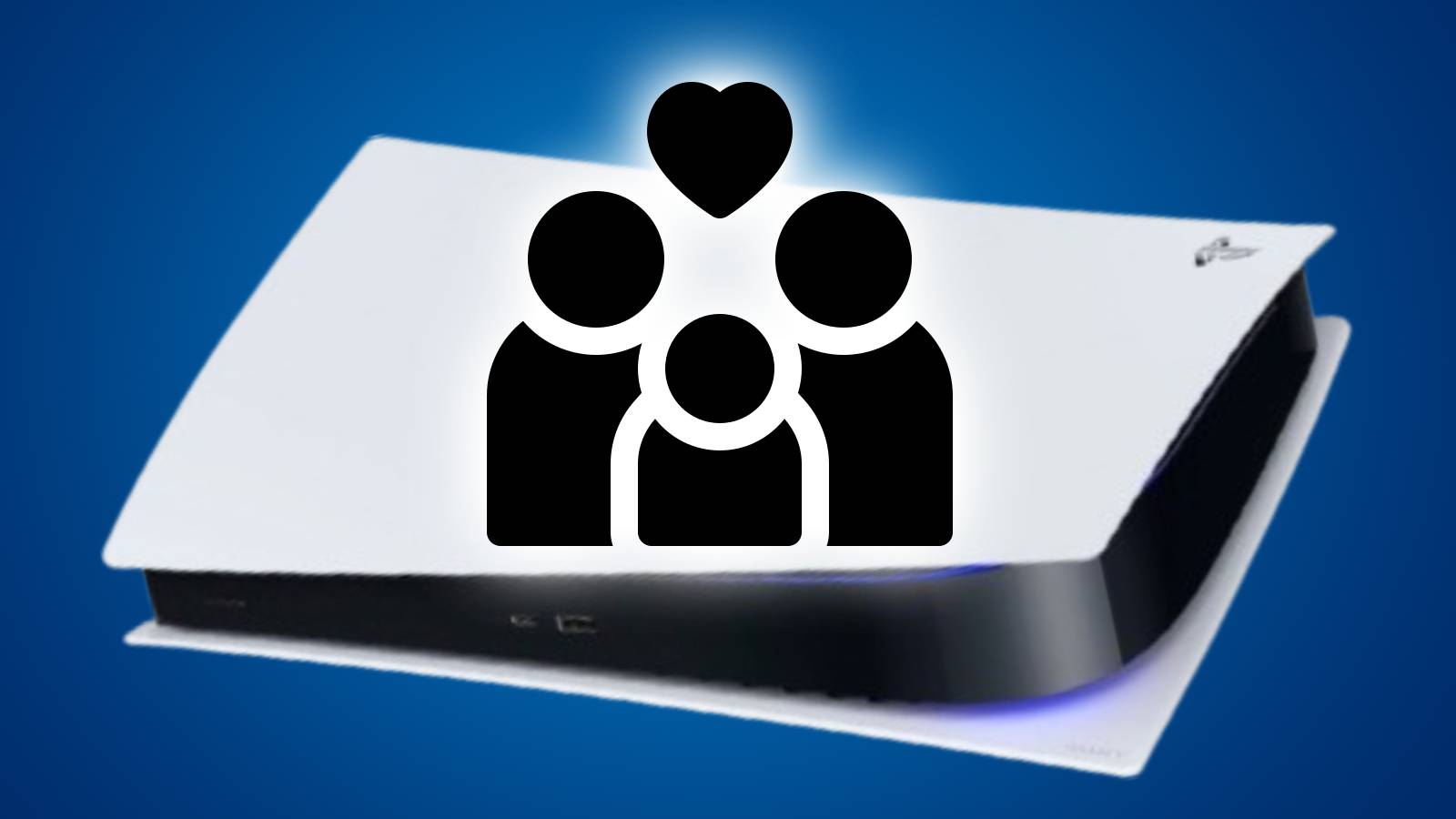 Image of a PS5, with an icon of a family by Freepix on the top, with a blue background.