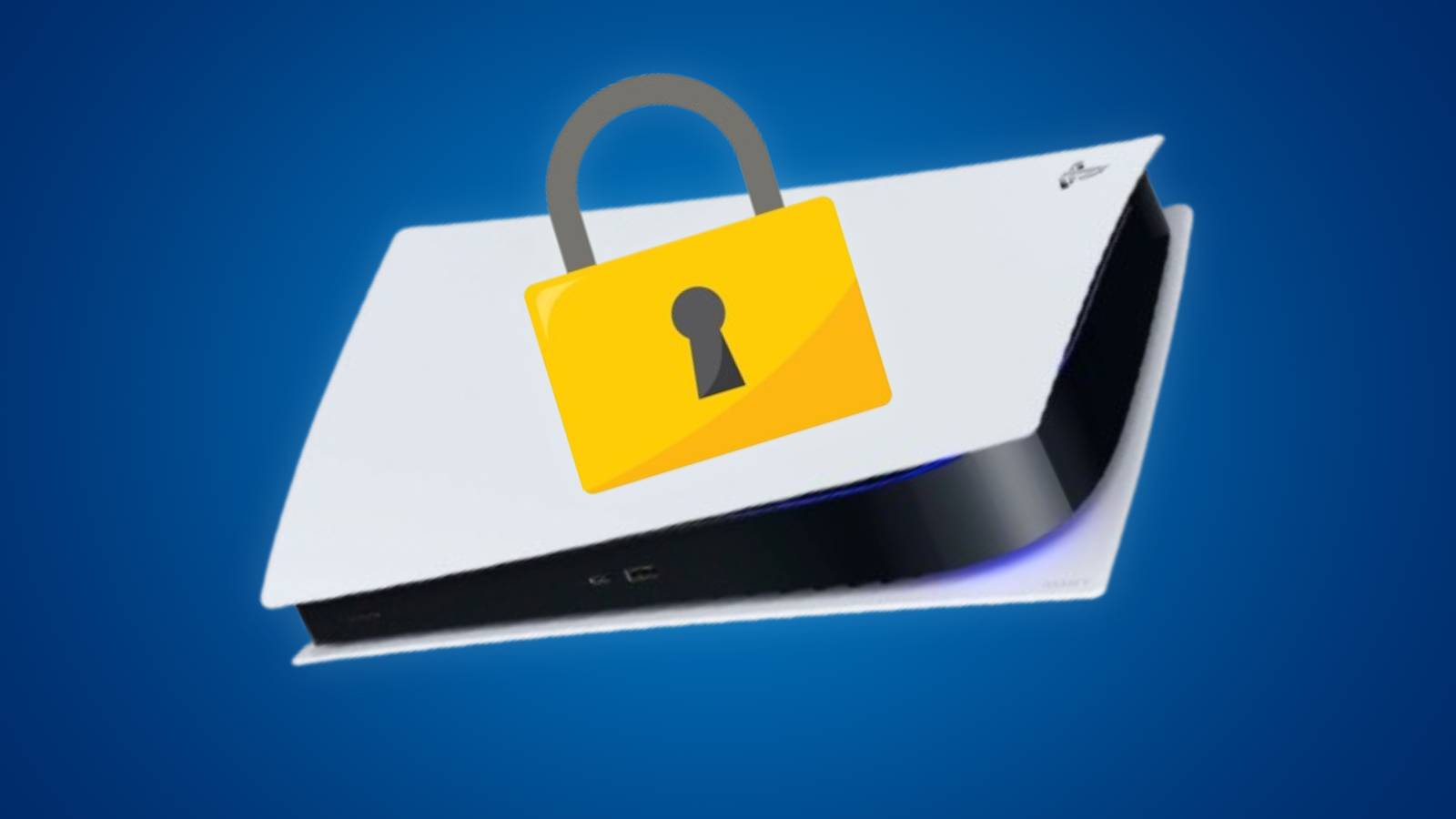 An image of a PS5 with a padlock icon on top by rawpixel.com on Freepik, with a blue background.