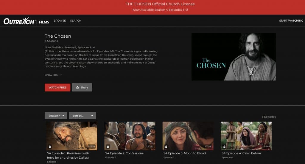A screenshot of The Chosen Season 4 on Outreach Films' website