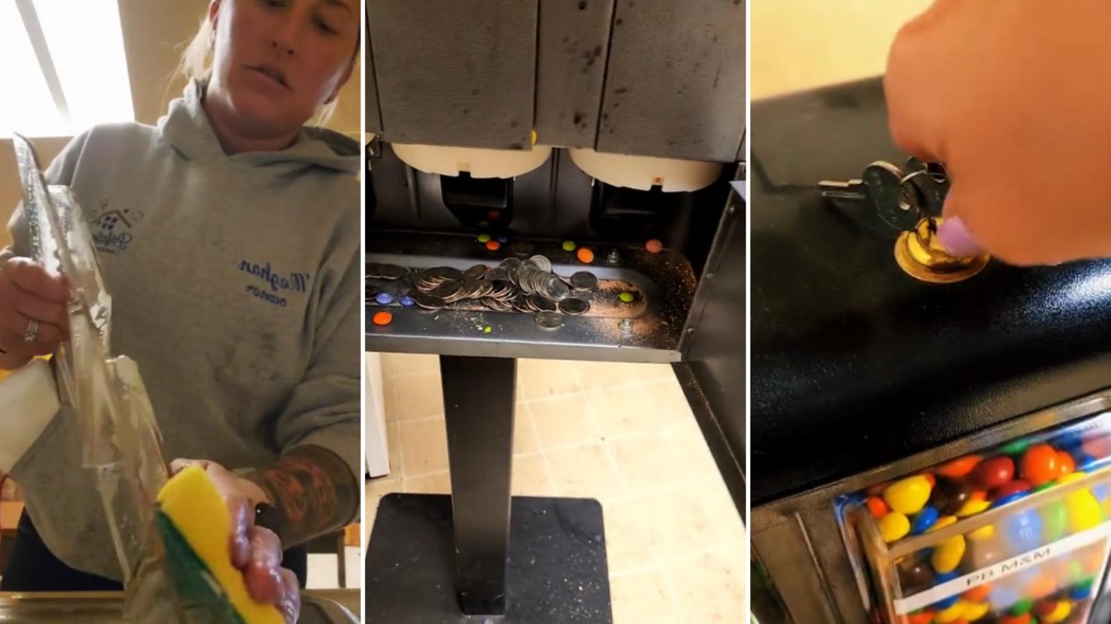 candy machine owner shows off inside for cleaning