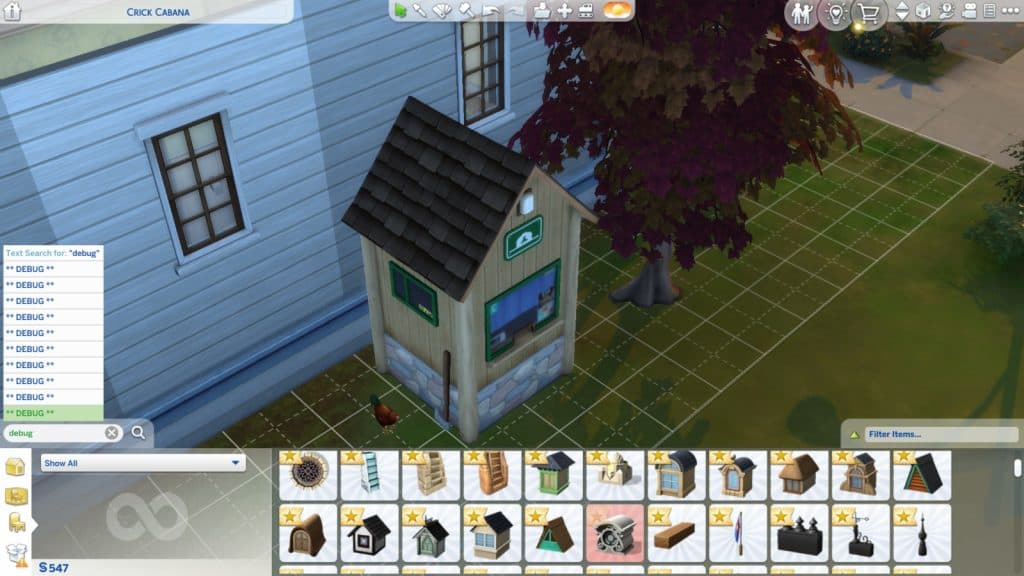 A screenshot featuring debug items in The Sims 4.