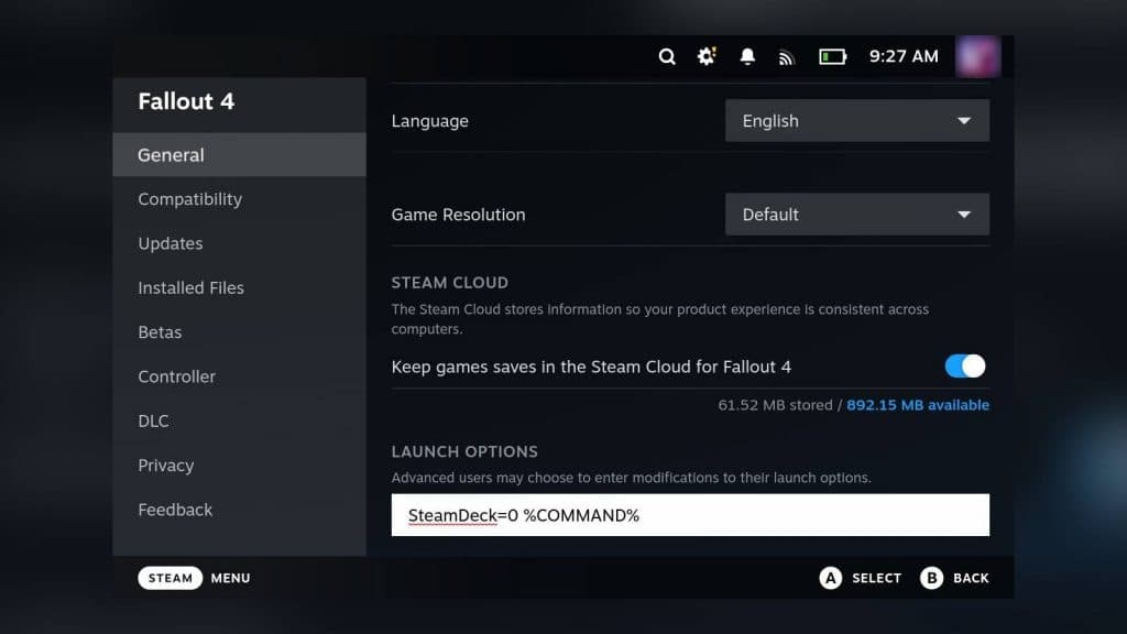 Screenshot of the Fallout 4 settings on Steam Deck.
