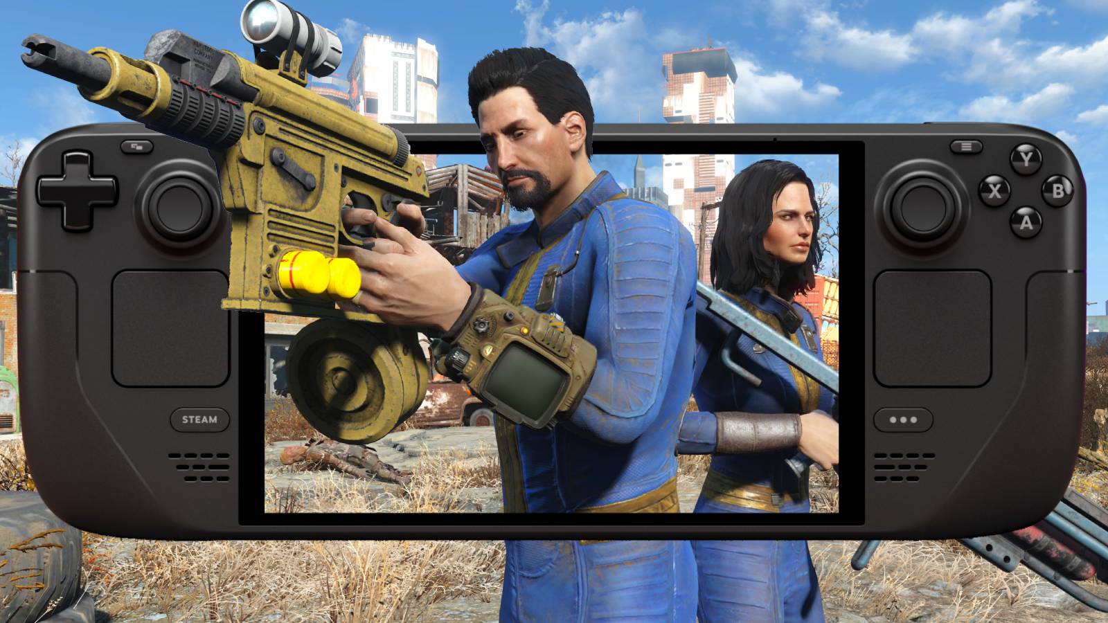 New screenshot from the Fallout 4 update, on the screen of a Steam Deck.